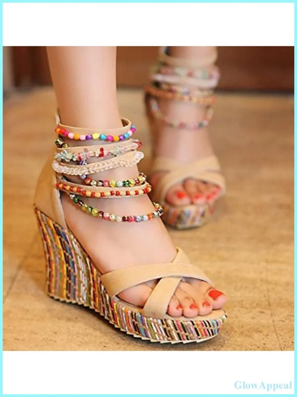 Women's Wedge Platform Sandals 4in Heel Lace Rhinestone Tassel Ankle Strap